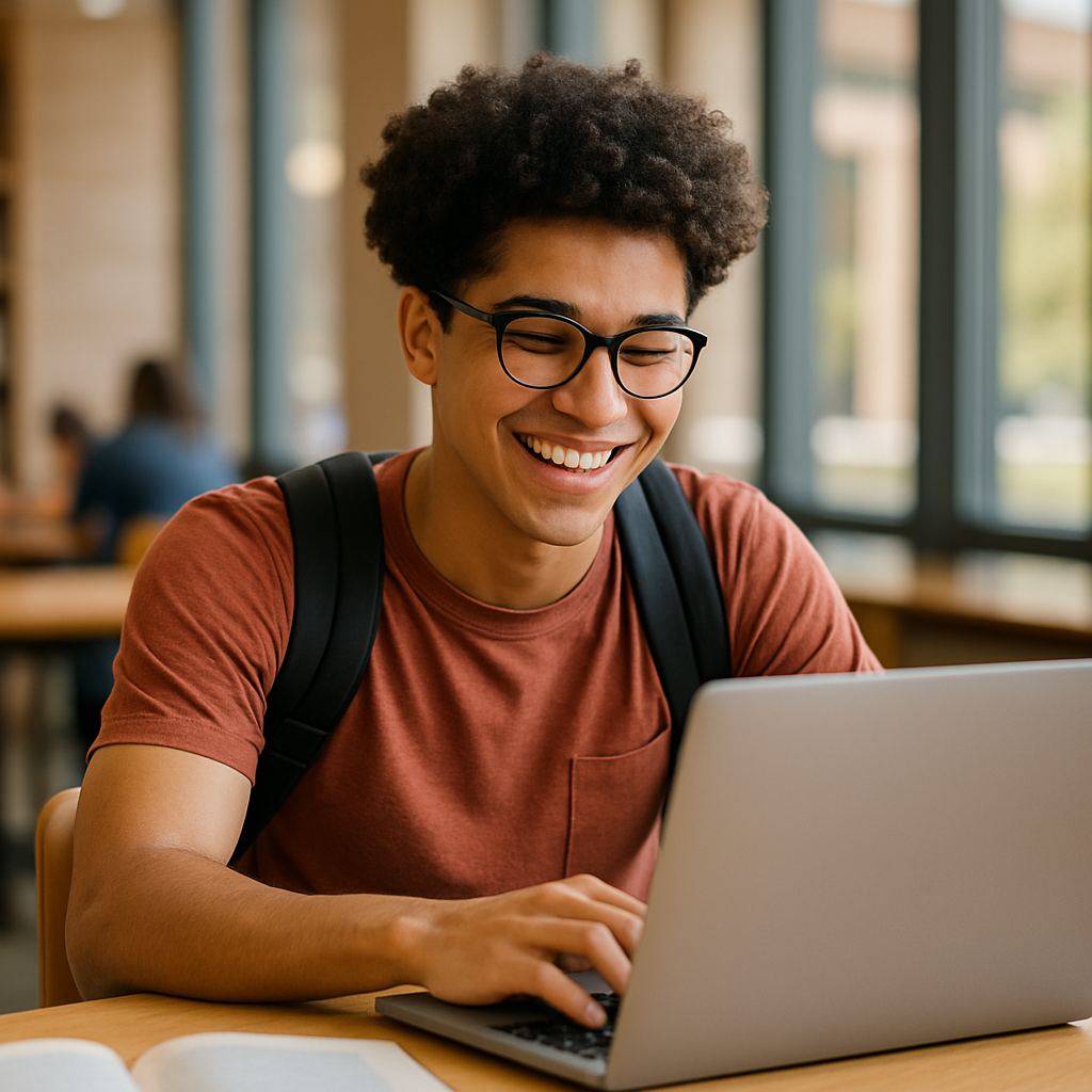 Confident college student studying on a laptop